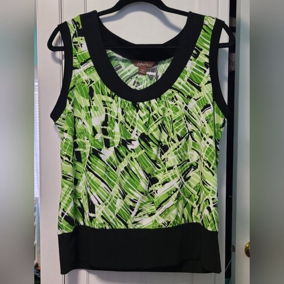 Laura Petites Colorful Summer Green Black Round Sleeveless Dressy Party Top L/G - Picture 2 of 7